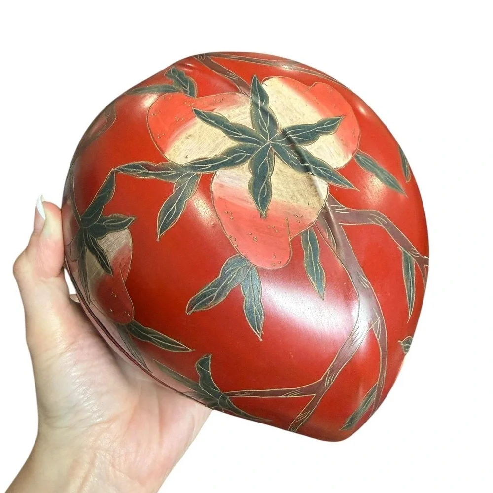 Vintage Japanese Red Lacquer Box Floral Trinket Bowl‎ Lidded Wood Decor